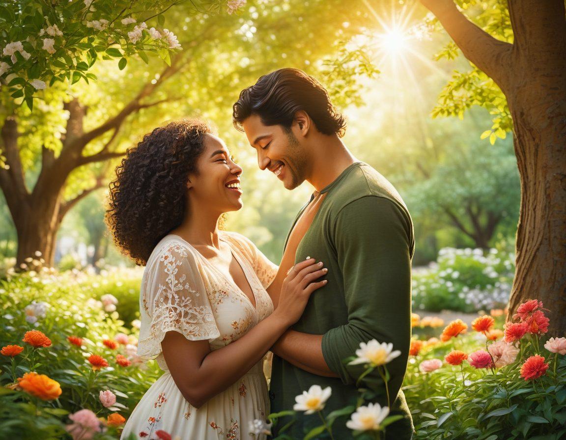 A warm and inviting scene depicting two diverse couples sharing joyful moments in a park, surrounded by blooming flowers symbolizing unconditional love. Include elements like open hearts and connecting threads that visually represent lasting bonds. Soft sunlight filters through trees, casting a golden hue over the scene, enhancing the feeling of warmth and intimacy. super-realistic. vibrant colors. soft focus.