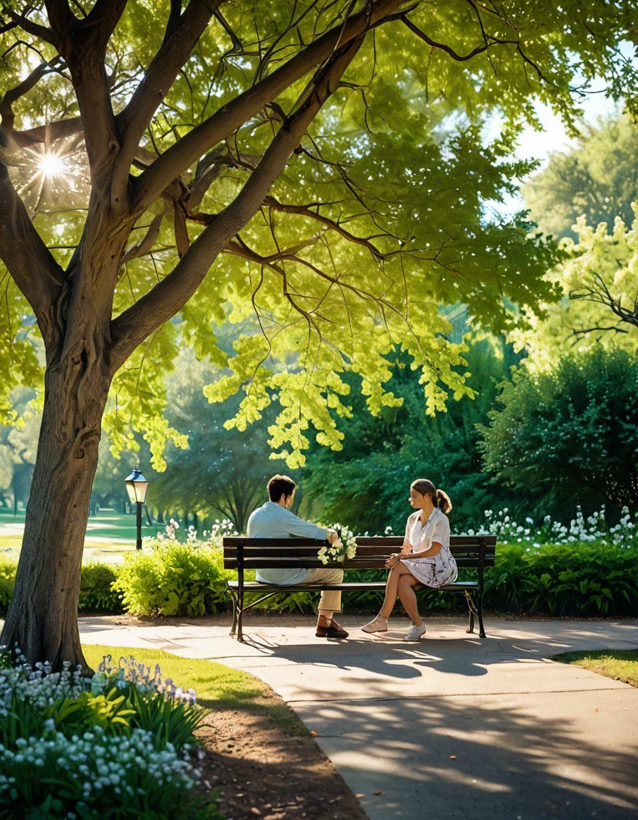 A serene scene depicting a couple sitting on a park bench under a blooming tree, sharing a warm and heartfelt conversation. Soft sunlight filters through the leaves, casting dappled shadows around them. The couple exudes warmth and trust, surrounded by gentle flowers that symbolize compassion. In the background, a picturesque landscape enhances the tranquility of the moment. pastel colors. soft focus. romantic atmosphere.